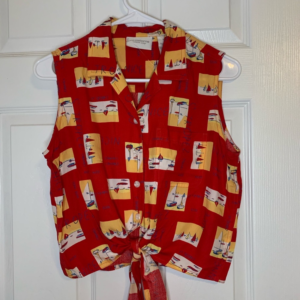 Liz Claiborne Red & Yellow Sleeveless Tie-Front Blouse